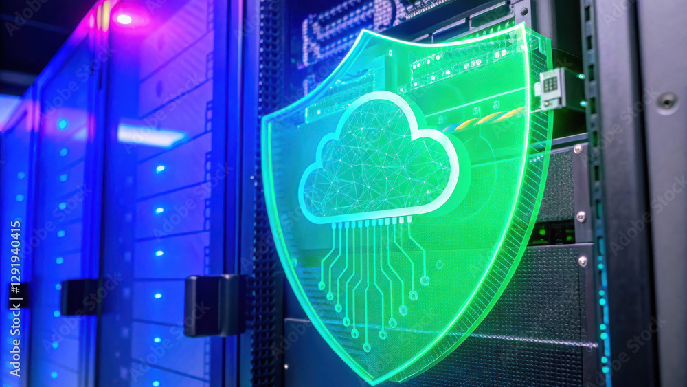 Poster secure cloud storage concept, cloud security shield protecting data servers in digital environment