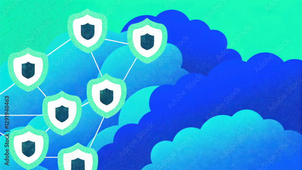 Poster secure cloud storage concept, secure cloud system visualization with shields and blue clouds
