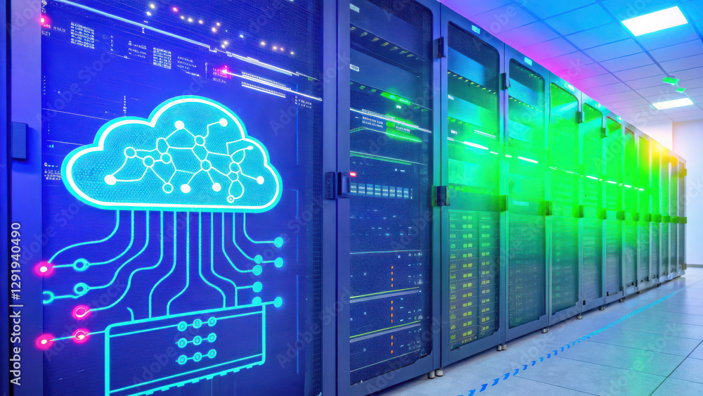 Poster secure cloud storage concept, cloud storage technology in data center with server racks and monitori