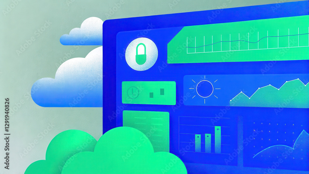 Poster secure cloud storage concept, colorful cloud management dashboard with ai features and security icon