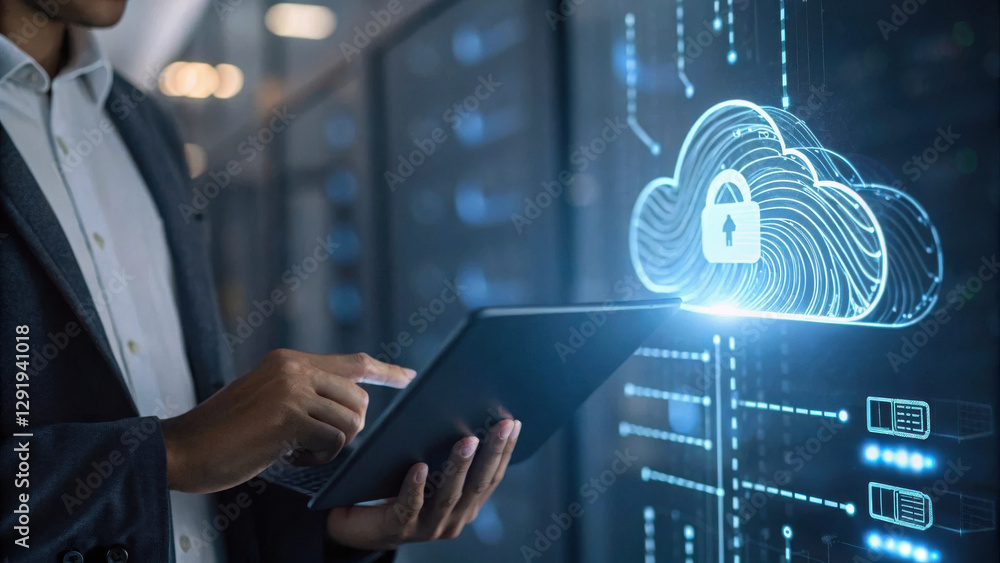 Poster secure cloud storage concept, secure cloud storage interface with person using tablet