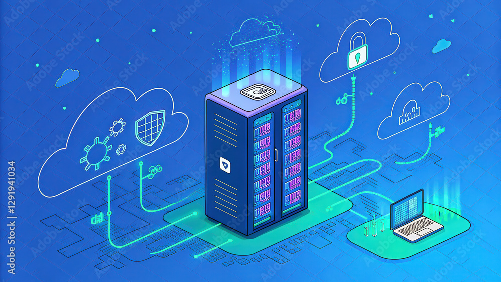 Poster secure cloud storage concept, secure cloud data server with futuristic design and digital connection