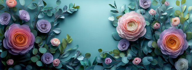 Beautiful Spring background with copy space. Paper Flowers and green leaves composition. Pastel Teal Postcart template for Mother's Day or Wedding invitations