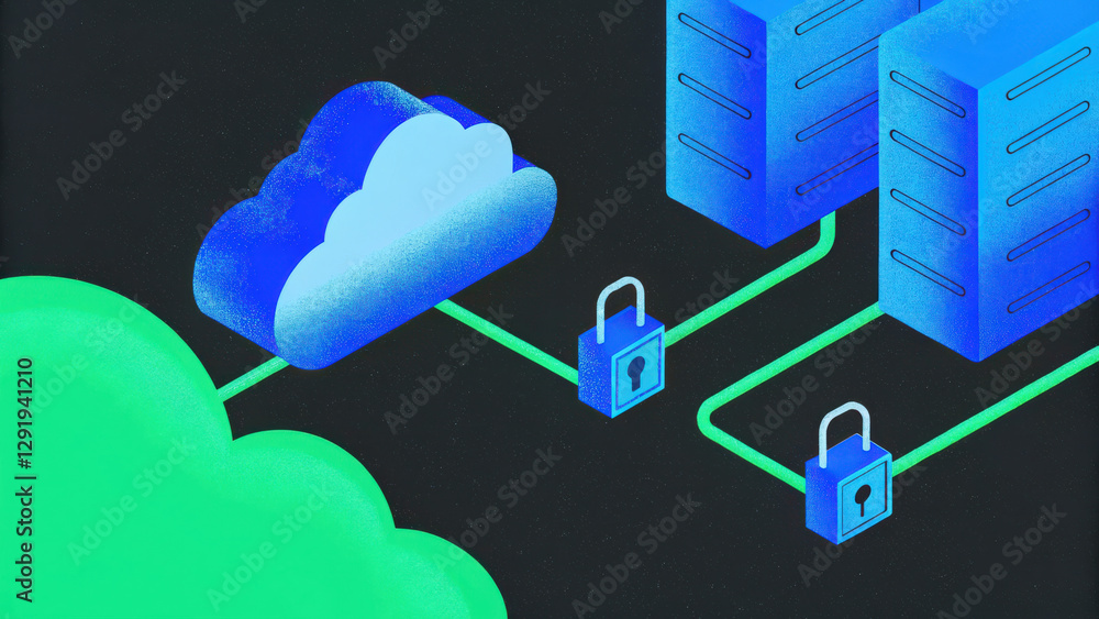 Poster secure cloud storage concept, secure cloud network illustration with data protection elements