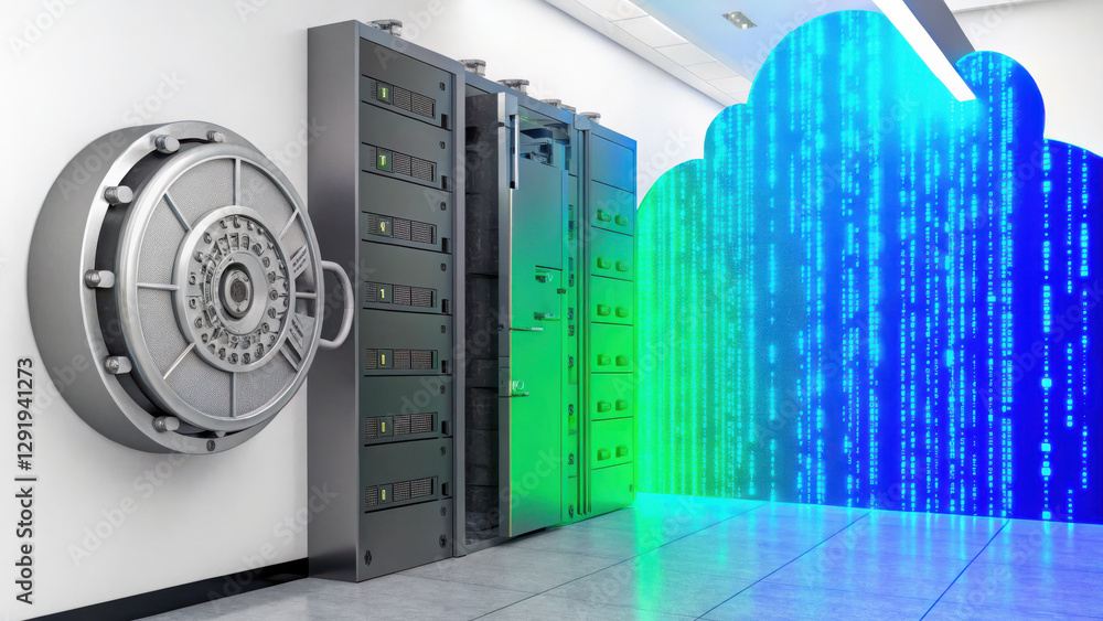 Poster secure cloud storage concept, secure cloud storage concept with vault and data servers