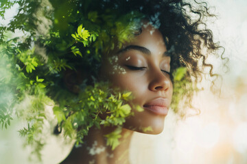 A serene woman meditating outdoors in a peaceful natural setting, depicted with a double exposure effect blending her silhouette with trees and leaves.