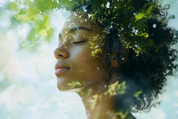 A serene woman meditating outdoors in a peaceful natural setting, depicted with a double exposure effect blending her silhouette with trees and leaves.