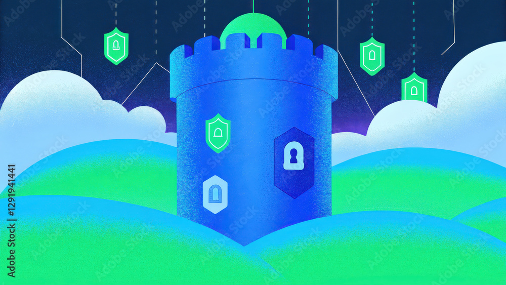 Aufkleber secure cloud storage concept, digital fortress securing cloud data with vibrant colors and shields