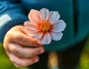 A close-up of a small child’s hand gently holding a vibrant flower, with the soft focus highlighting the delicate petals. The child’s fingers, small and tender, show the child’s connection to nature