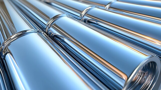 Metallic cylinders aligned. Close-up view, reflecting light, on smooth surface, suitable for abstract backgrounds