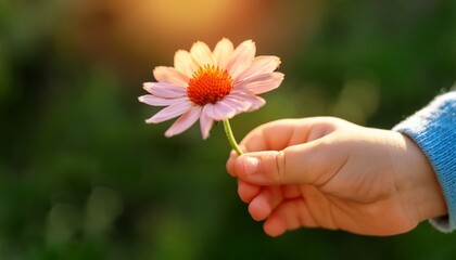 A close-up of a small child&rsquo;s hand gently holding a vibrant flower, with the soft focus highlighting the delicate petals. The child&rsquo;s fingers, small and tender, show the child&rsquo;s connection to nature