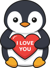 Obraz premium Cute cartoon penguin character holding a red heart with the phrase I Love You in a flat design vector art