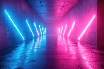 Abstract scene with glowing neon arrows, blue and pink, facing opposite directions
