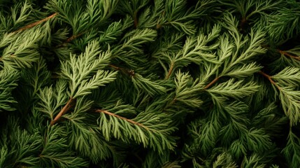 Lush green pine branches create a textured backdrop.