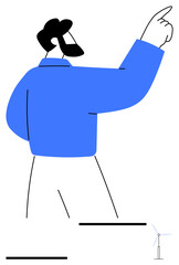 Confident man gesturing upward, dressed in blue near a small wind turbine. Ideal for sustainability, leadership, innovation, technology, direction, renewable energy, abstract line flat metaphor