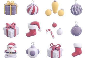 Collection of cartoon-style Christmas items featuring ornaments, gifts, and Santa arranged in a vibrant grid on a white background, perfect for festive decorations