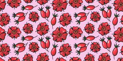 Sweetbriars roses hand drawn flowers and ripe fruits seamless pattern in vintage style on light pink background. Wild rose authentic wallpaper for textiles, wrapping paper etc. Romantic chic design © Lily