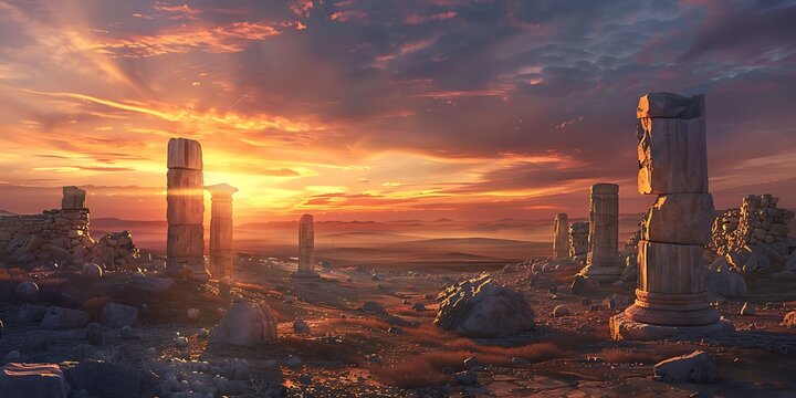A serene archaeological site of ancient ruins at sunset with stone pillars and remnants of an ancient civilization scattered across a vast landscape Historical Exploration - Powered by Adobe