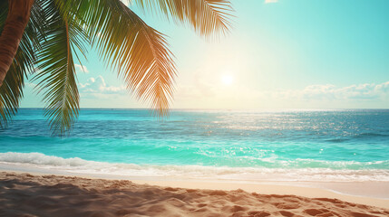 tropical summer beach scene, beach background with ample space for text, soft sunlight flare, generative ai