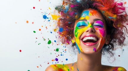 Ecstatic Smiling Woman Covered in Colorful Paint Splashes isolated for creative concepts