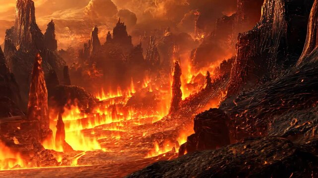 Fiery landscape of hell with molten lava flows and burning peaks against a dramatic orange sky, Hell background full fire burn very hot place