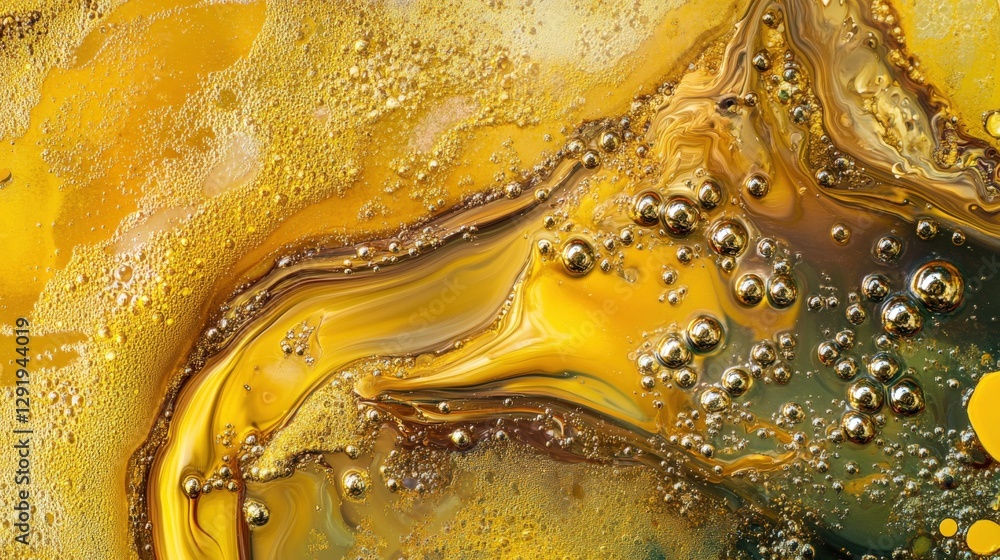 Poster abstract close-up of vibrant yellow and gold liquid with bubbles creating a dynamic composition