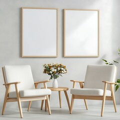 Modern minimalist living room with two empty picture frames, flower vase, and armchairs
