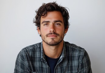 Obraz premium Young man with curly hair and beard wearing casual shirt posing against plain background, showcasing friendly expression and relaxed demeanor