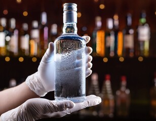 Bartender presents a chilled vodka bottle of liquor against a blurred bar backdrop