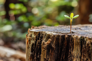A young green plant emerging from an old tree stump in the forest, symbolizing new life and the cycle of nature in an ecological context