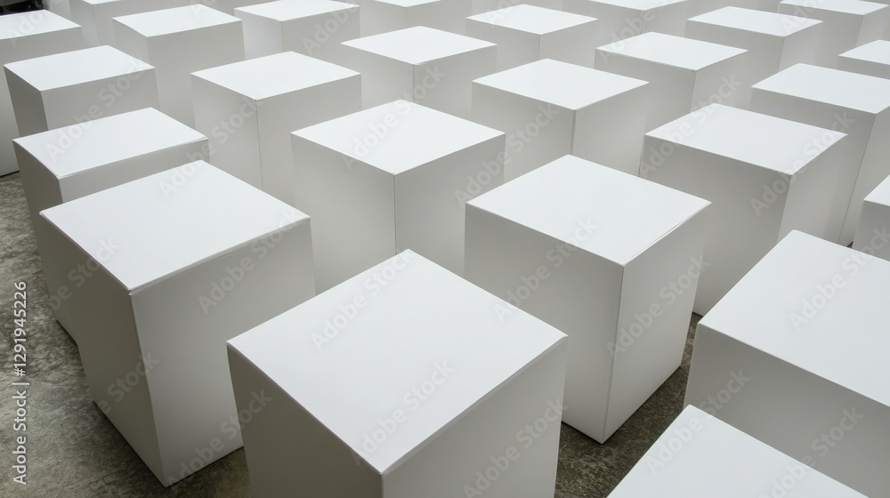 Poster a minimalist display of numerous white cubes arranged systematically in an open space