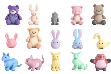 Naklejka premium A delightful assortment of 3D rendered plush toys displayed in a grid format showcases adorable animals like teddy bears, rabbits, and cats