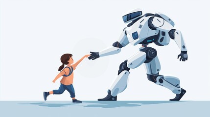 Obraz premium A humanoid robot reaching out to a child who is running towards it in a minimalistic illustration