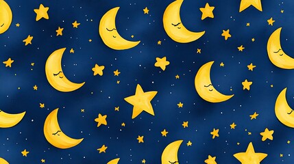 Moon, stars pattern on blue sky backdrop for night themed design projects, presentations, and greeting cards