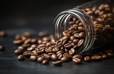 Coffee Beans Spilling from Open Glass Cup on Dark Background