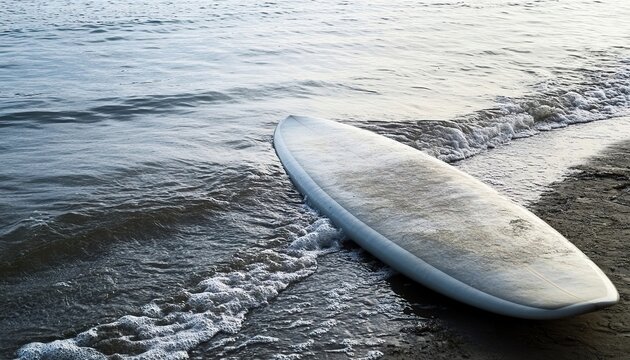 A pristine, untrodden surfboard by the edge of the water, with gentle waves approaching its base.