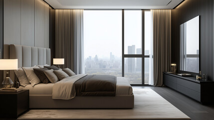 Photograph of a luxurious modern bedroom with a minimalist design. A large king-size bed with a gray upholstered headboard is covered in soft, neutral-toned bedding.