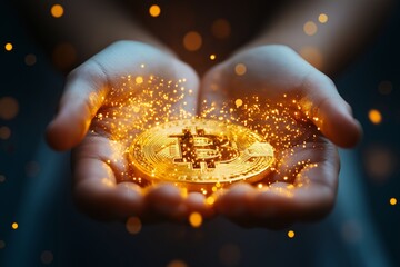A close-up of hands holding a glowing Bitcoin surrounded by sparkling effects, creating an abstract and minimalistic representation of cryptocurrency