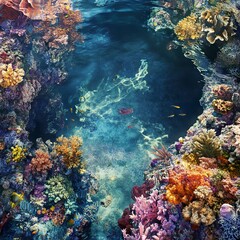 Obraz premium A hidden tidal pool with calm, glass-like water, small fish swimming among colorful coral formations.