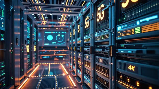Futuristic 5G data center with advanced servers, high-speed network infrastructure, and AI-driven processing, representing next-generation cloud computing and ultra-fast connectivity. - Powered by Adobe