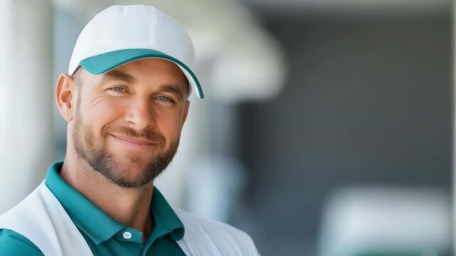 Caucasian man in cap smiles confidently Professional athlete sportsman team member or golf caddie portrait