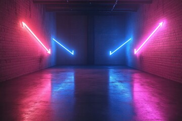 Abstract scene with glowing neon arrows, blue and pink, facing opposite directions