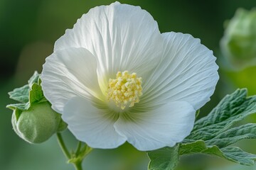 Close-up of a delicate white flower with yellow stamens and green buds on a blurred background