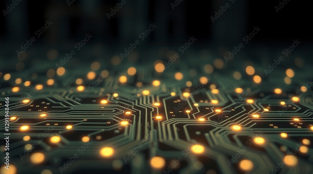 Poster illuminated circuit board showcases intricate network of connections, ideal for conveying high techn