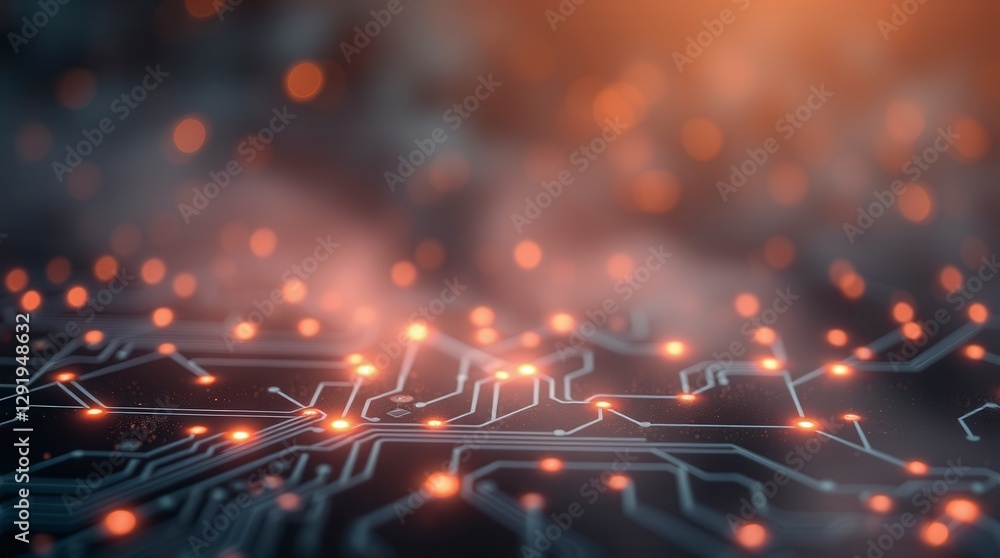 Poster illuminated circuit board shows the complex network of connections and advanced technology.