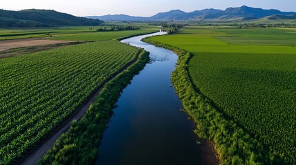 River meanders through farmland, mountain backdrop, aerial view, agricultural use
