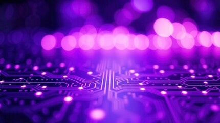 Illuminated circuit board glowing in purple with a futuristic effect, representing technology and innovation.