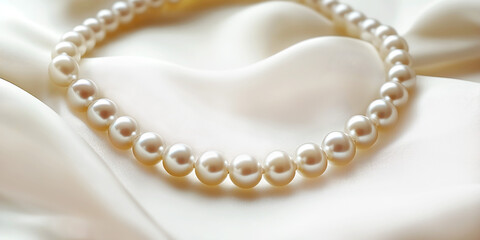 Pearl necklace elegantly displayed on soft, luxurious satin fabric with gentle folds. The lustrous pearls reflect light, creating a sophisticated and timeless aesthetic, Close-up