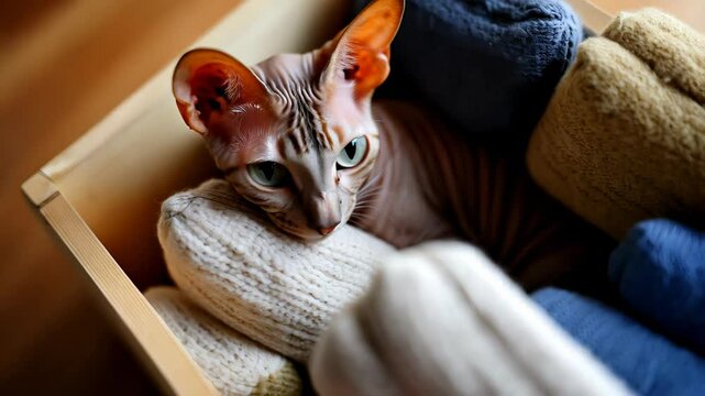 Hairless sphynx kitten nestling contentedly among warm, soft clothing inside wooden drawer, embodying peaceful relaxation and cozy security of home environment