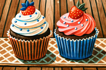 delicious two cupcake on funny background cartoon illustration